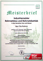 T. Pollrich, Meisterbrief Rohrnetzbau und Rohrnetzbaubetrieb